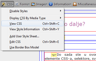 Web Developer toolbar - otvoreni izbornik CSS