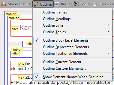 Web Developer toolbar - otvoreni izbornik Outline