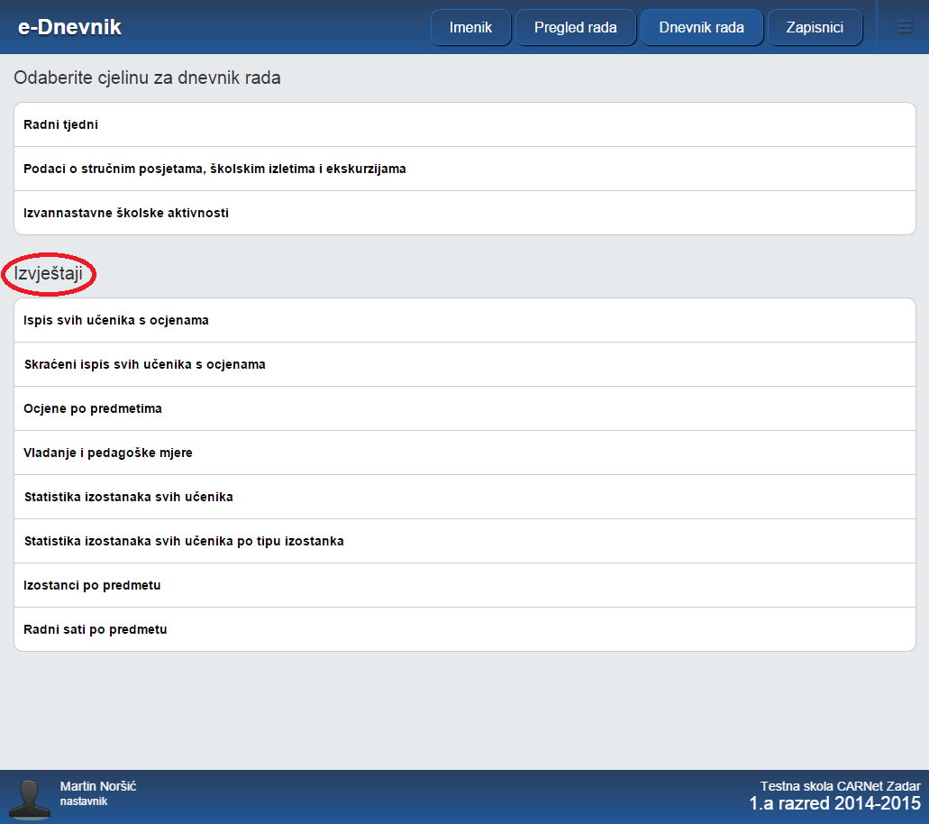 Izvještaji ponuđeni razrednicima