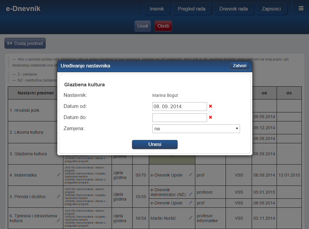 Uredivanje nastavnika