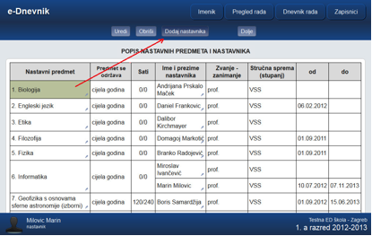 dodavanje nastavnika odabranom predmetu