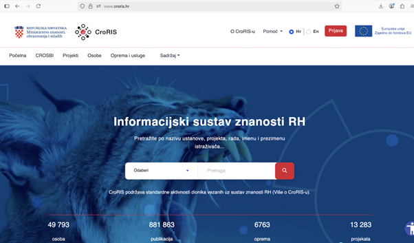 Prikaz početne stranice platforme CroRIS.