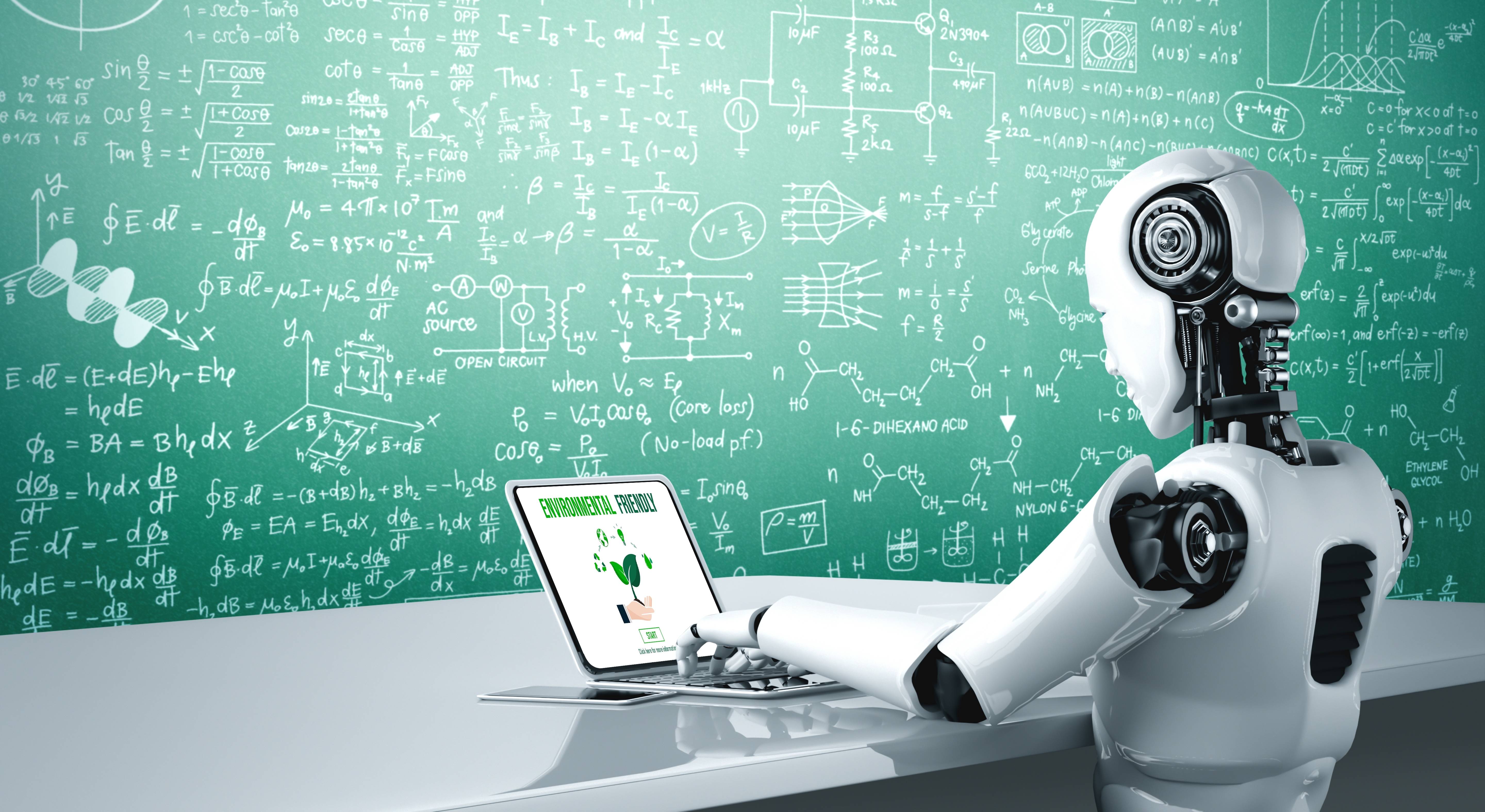 ChatGPT je rekao:

Robot sjedi za stolom i radi na laptopu ispred ploče ispunjene matematičkim i znanstvenim formulama