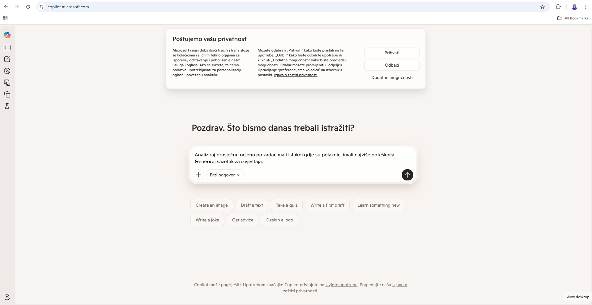 Početno sučelje Microsoft Copilota za generiranje sadržaja pomoću umjetne inteligencije