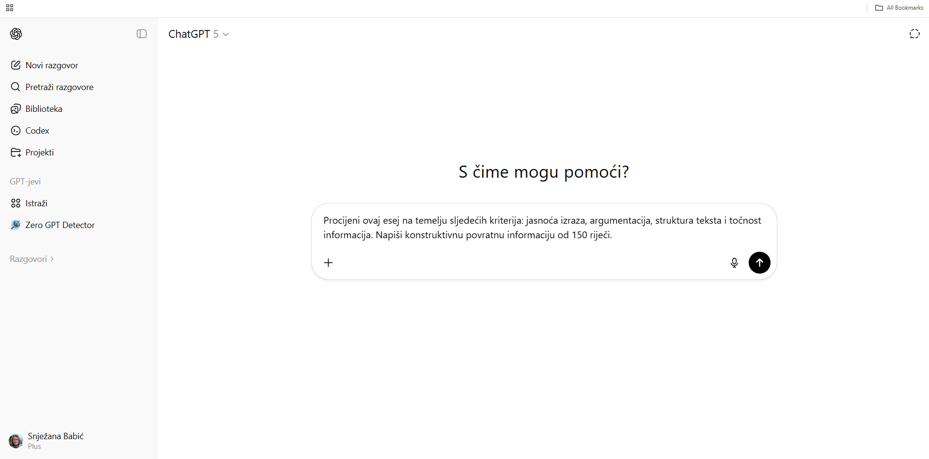 Početno sučelje ChatGPT 5 (Open AI) za generiranje sadržaja pomoću umjetne inteligencije 