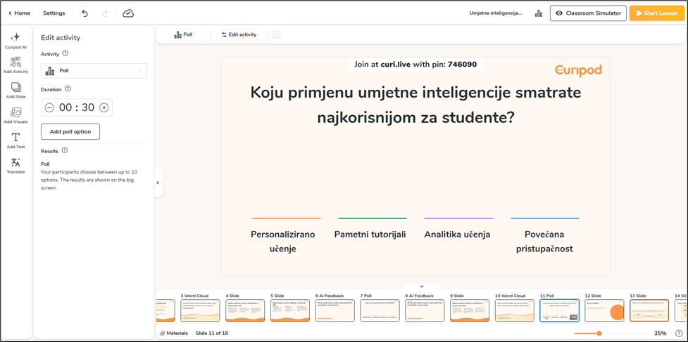 Dodavanje interaktivnih pitanja i zadataka na pojedine dijapozitive lekcije u Curipodu