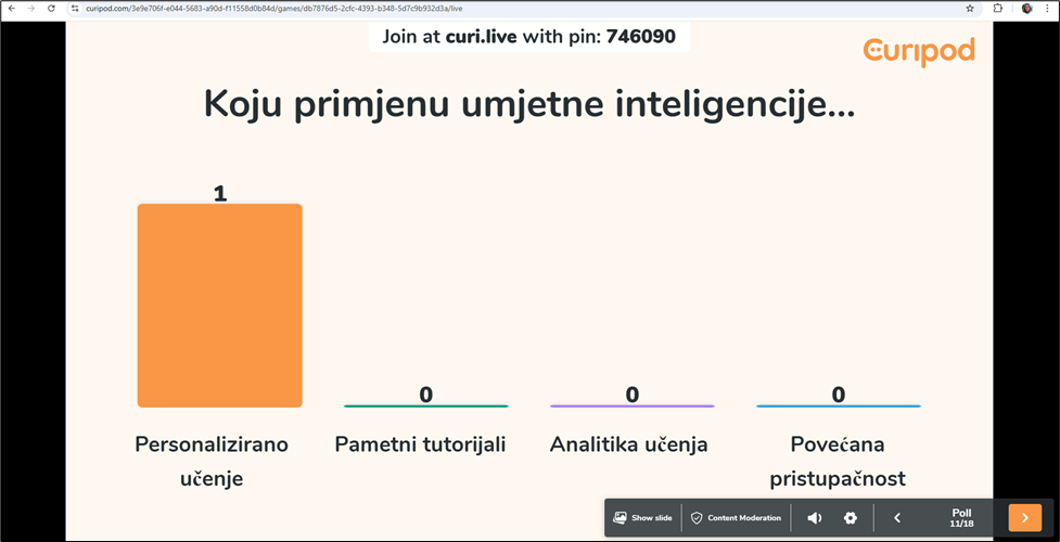 Prikaz odgovora polaznika u stvarnom vremenu i automatske povratne informacije o točnosti odgovora.