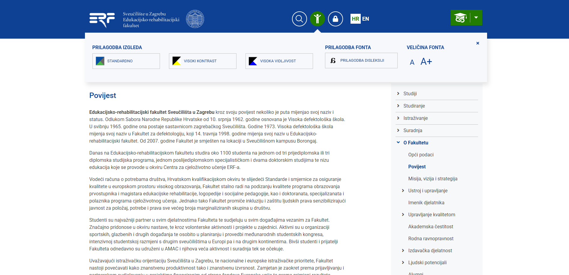 Internetska stranica Sveučilišta u Zagrebu Edukacijsko-rehabilitacijskog fakulteta (ERF)