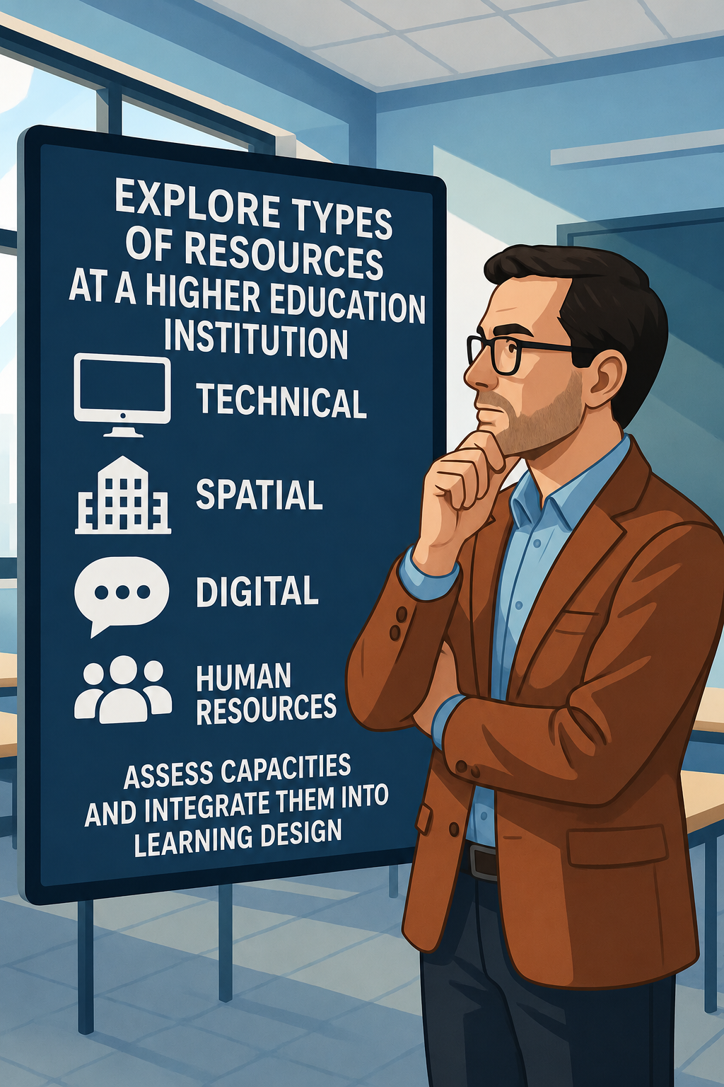Types of resources at a higher education institution: technical, spatial, digital and human resources. Assess and integrate