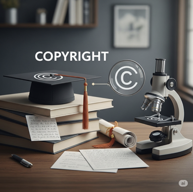 Depiction of a table with several books and a microscope. On top of the books is an academic cap with a Copyright logo