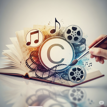 An open book with film reels, musical notes, and a paintbrush emerging from it, with a large copyright symbol in the centre