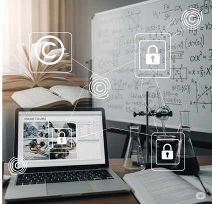 Laptop showing an online course, open books, and a laboratory equipment connected by copyright symbols and security padlocks