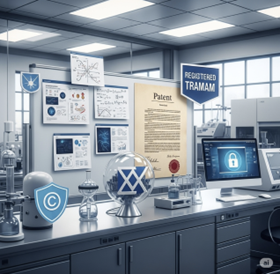 Laboratory table with instruments featuring a copyright symbol and a computer with a padlock icon