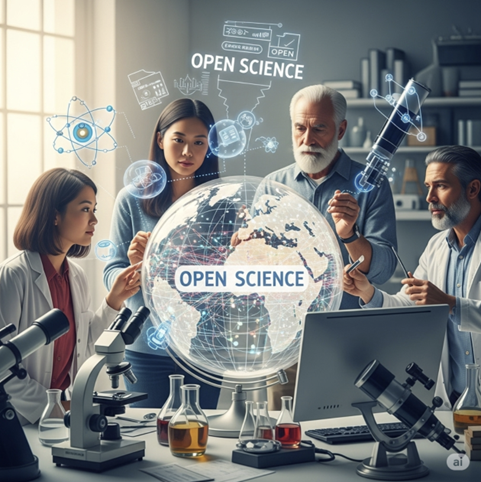 Four scientists stand around a table with microscopes and chemicals, surrounding an interactive 3D globe projection