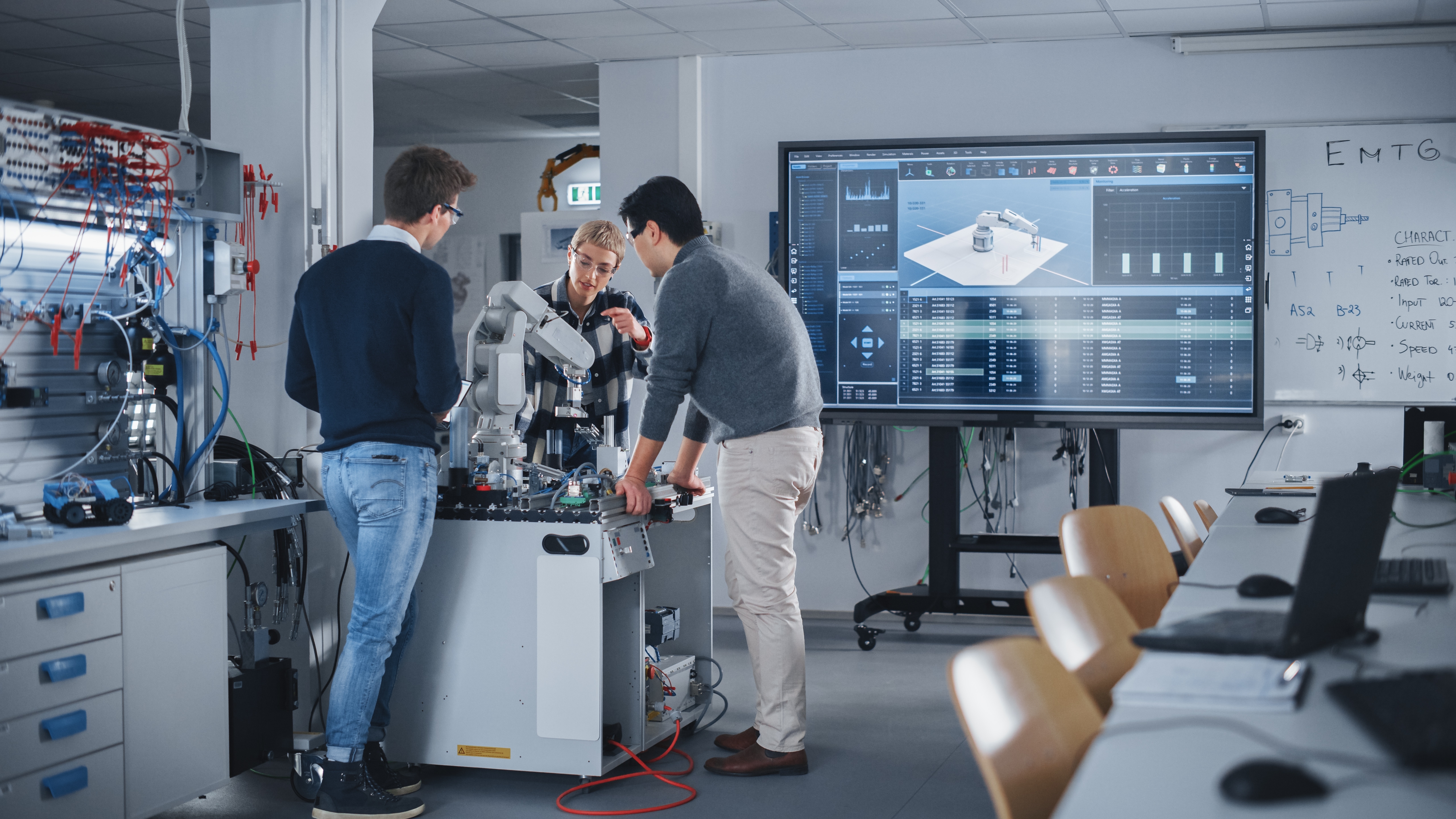 Tri osobe rade na robotskoj ruci u laboratoriju ispred velikog ekrana s dijagramima