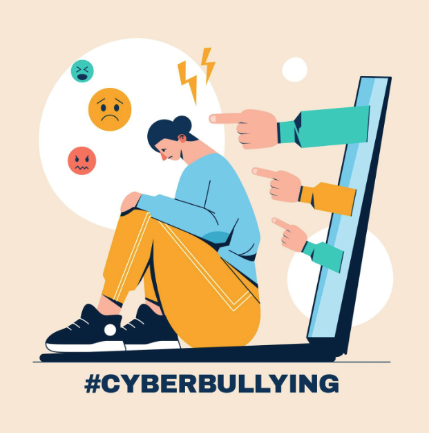 The image shows a girl who has been exposed to cyberbullying and is suffering the consequences