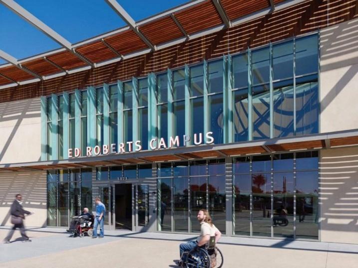 A university building equipped with motion-sensor doors to enable touchless entry.