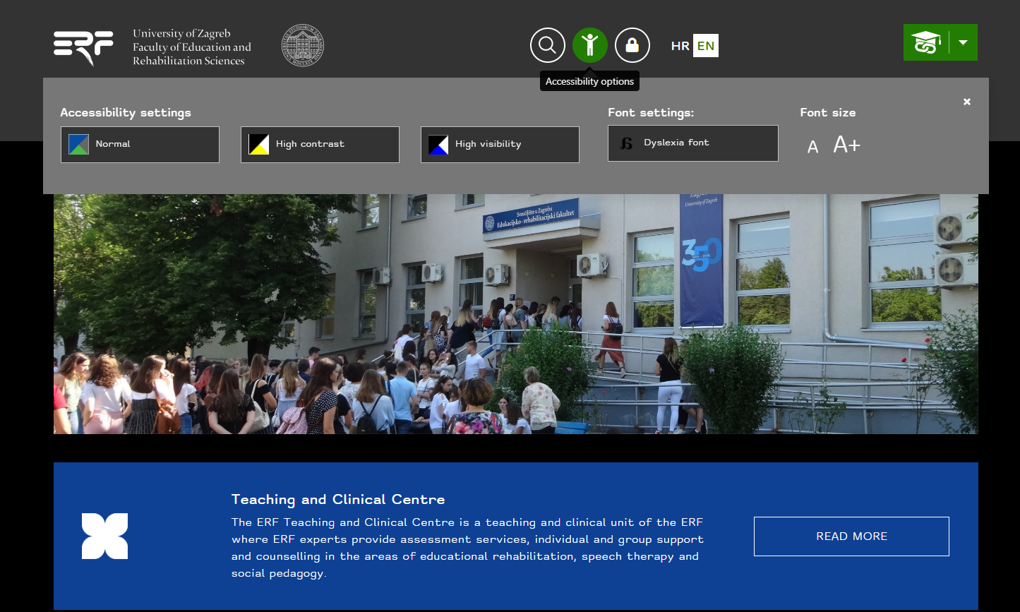 Accessibility of the ERf website - dyslexia font, high contrast