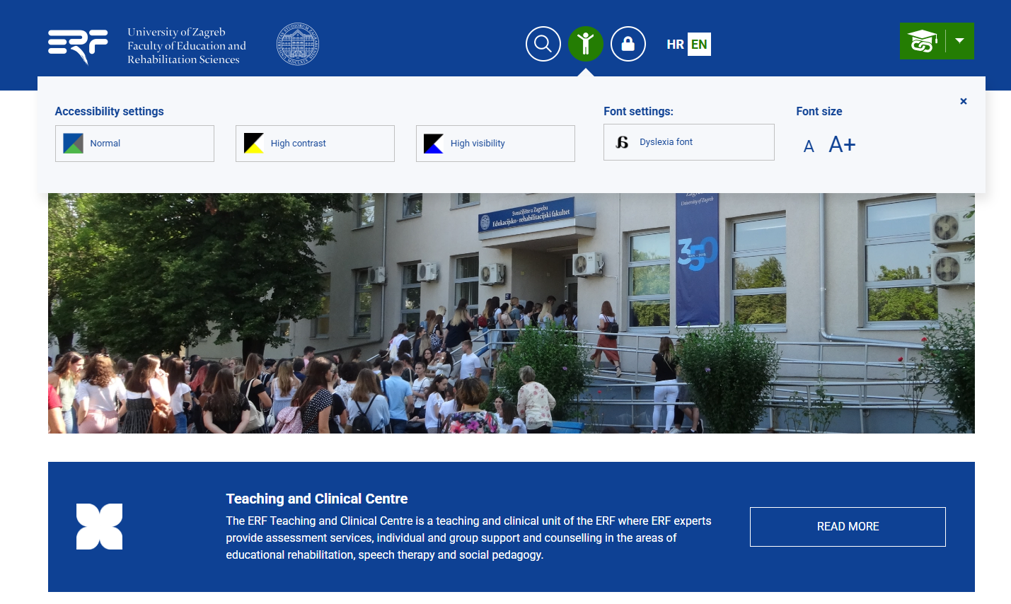 Website of the University of Zagreb Faculty of Education and Rehabilitation Sciences (ERF) with accessibility adjustment opti