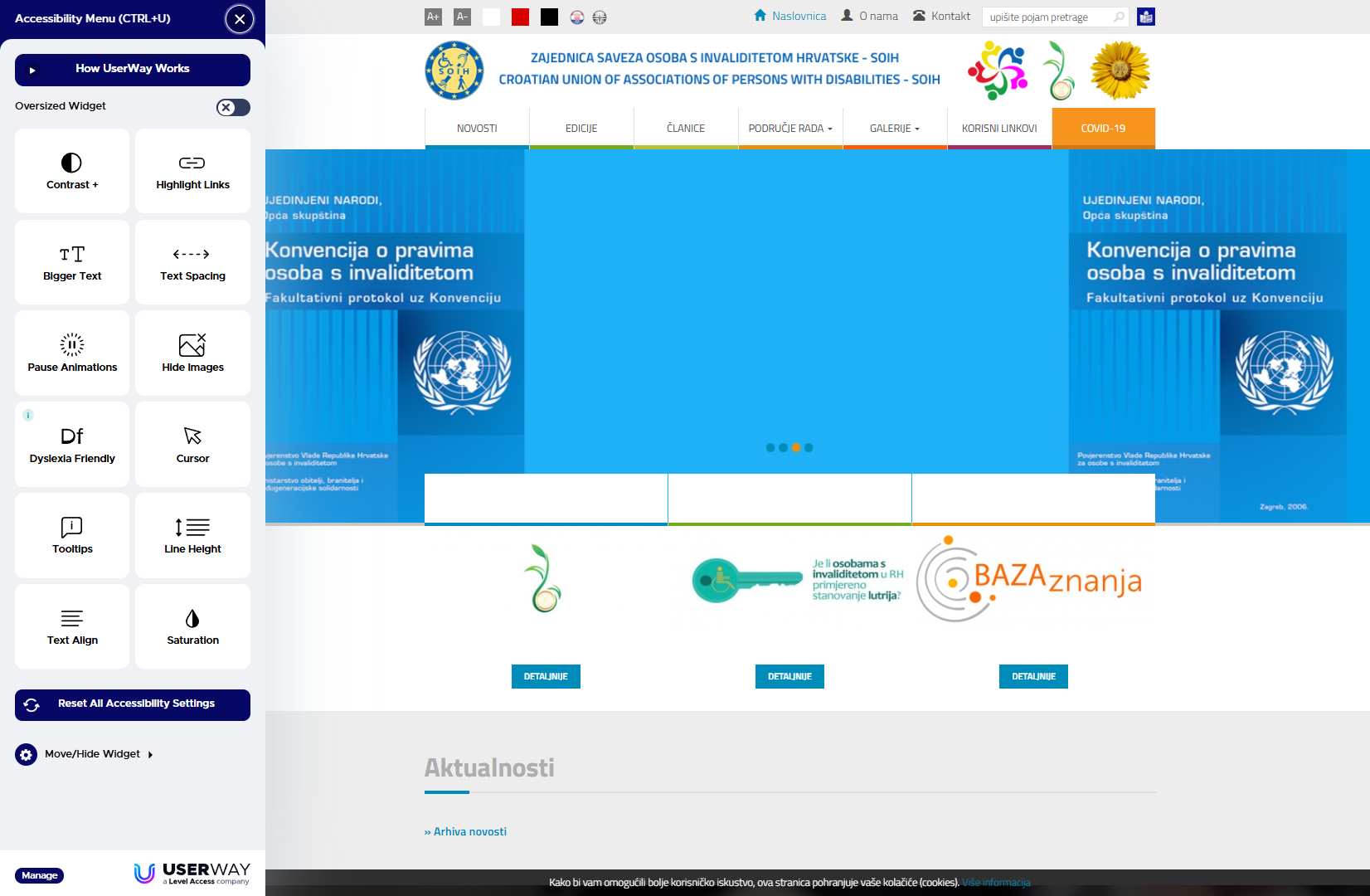 Accessibility options on the website of the Croatian Union of Associations of Persons with Disabilities (SOIH)
